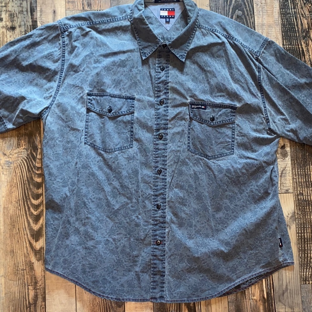 Vintage Tommy Hilfiger Jeans faded Gray denim wash Casual Button Down Shirt